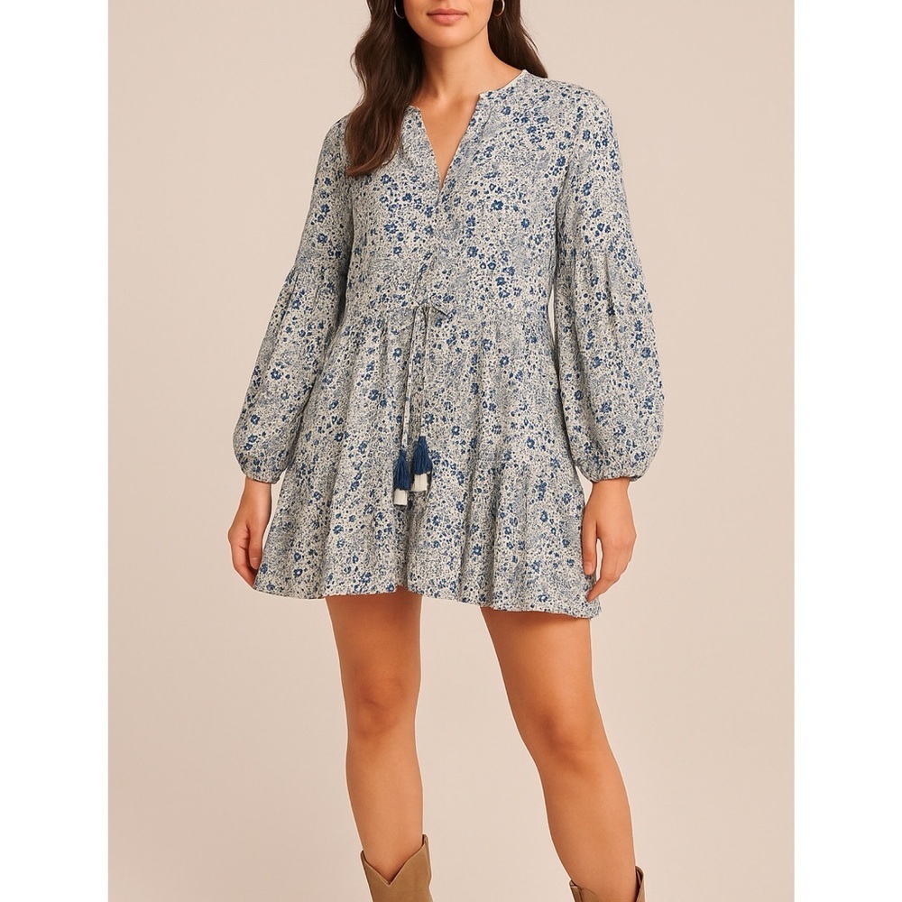 Neon Blush Blue White Floral Boho Peasant Mini Dress Balloon Sleeve Tassel M